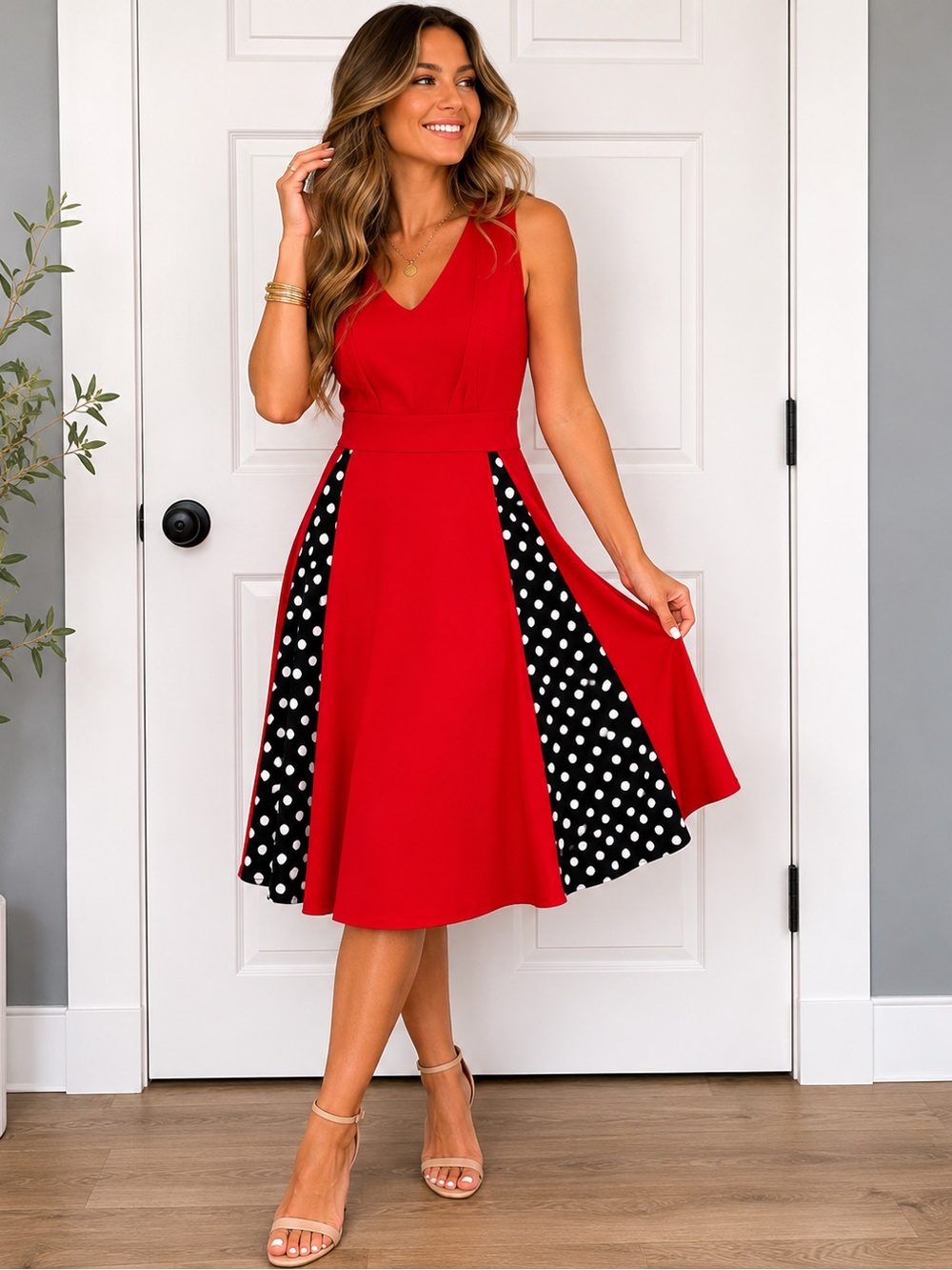 IHot Elegant Red V-Neck Midi Dress with Polka Dot Panels